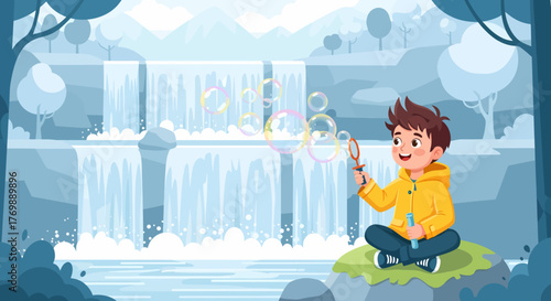 A young boy sits on a rock blowing colorful soap bubbles in front of a scenic waterfall