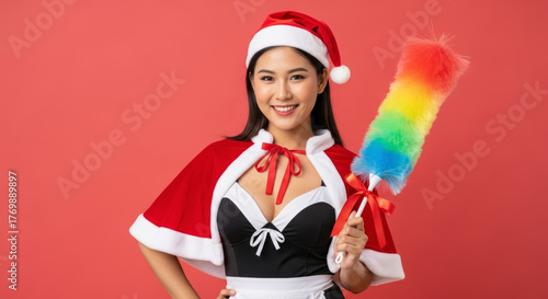 Festive woman smiling in santa costume holding colorful duster celebrating christmas work new year end joy