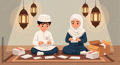 Muslim Children Preparing Eid Gifts with Lanterns and Boxes During the Holiday