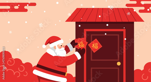 Santa Claus hangs a Chinese New Year good luck character on a traditional door in a snowy scene