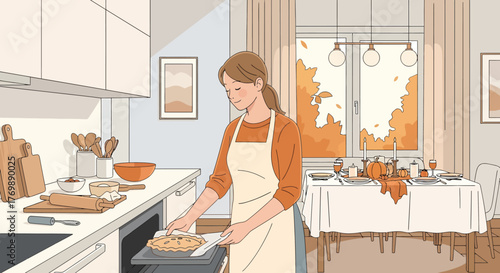 A charming domestic scene of a woman preparing a homemade pie for a Thanksgiving celebration