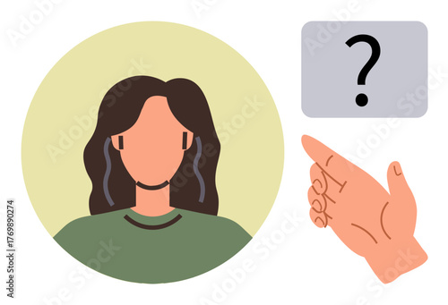 Person with wavy hair and green shirt framed by a circle, hand pointing to question mark. Ideal for decision-making, identity, hiring, anonymity, confusion, uncertainty exploration. Simple flat