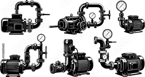 Collection of Industrial Pump Icons with Pipes and Gauges
