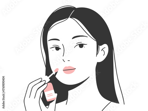 あなた:
Illustration of a woman doing makeup and skincare. Cosmetics. Beauty. Getting ready. copy space