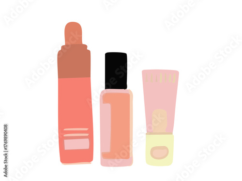 あなた:
Illustration of a woman doing makeup and skincare. Cosmetics. Beauty. Getting ready. copy space