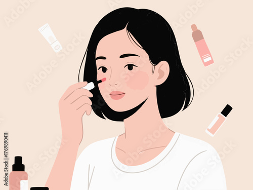 あなた:
Illustration of a woman doing makeup and skincare. Cosmetics. Beauty. Getting ready. copy space