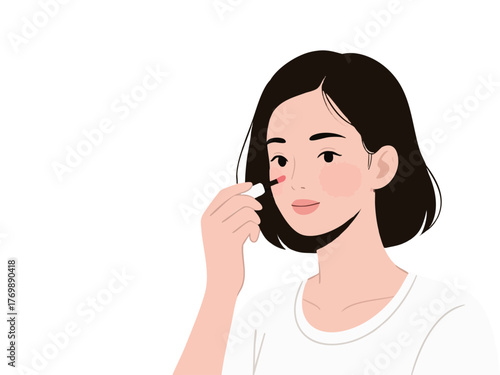 あなた:
Illustration of a woman doing makeup and skincare. Cosmetics. Beauty. Getting ready. copy space