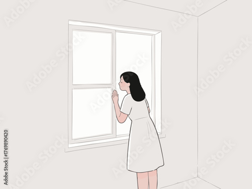 A simple line illustration of a woman opening a window to ventilate. Air exchange. Change of pace. Peering outside. Refresh.