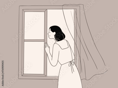 A simple line illustration of a woman opening a window to ventilate. Air exchange. Change of pace. Peering outside. Refresh.