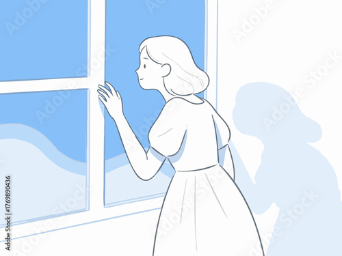 A simple line illustration of a woman opening a window to ventilate. Air exchange. Change of pace. Peering outside. Refresh.