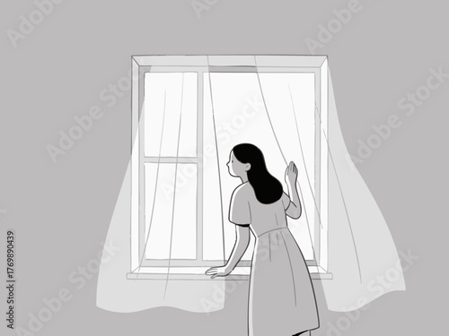 A simple line illustration of a woman opening a window to ventilate. Air exchange. Change of pace. Peering outside. Refresh.