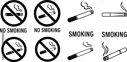 Collection of Smoking and No Smoking Signs with Cigarette Icons
