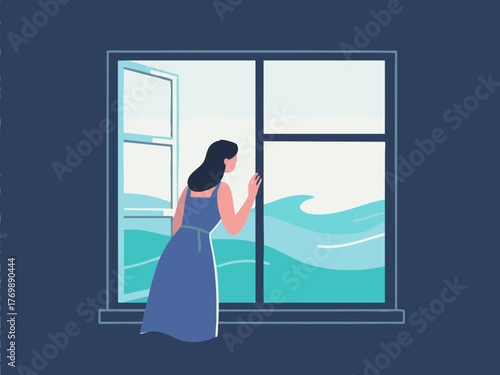 A simple line illustration of a woman opening a window to ventilate. Air exchange. Change of pace. Peering outside. Refresh.