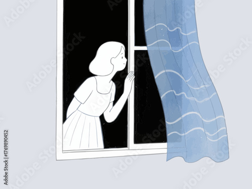 A simple line illustration of a woman opening a window to ventilate. Air exchange. Change of pace. Peering outside. Refresh.