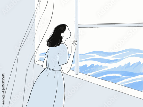 A simple line illustration of a woman opening a window to ventilate. Air exchange. Change of pace. Peering outside. Refresh.