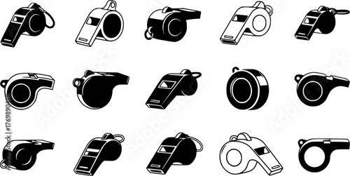 Collection of Black and White Whistle Icons with Various Designs
