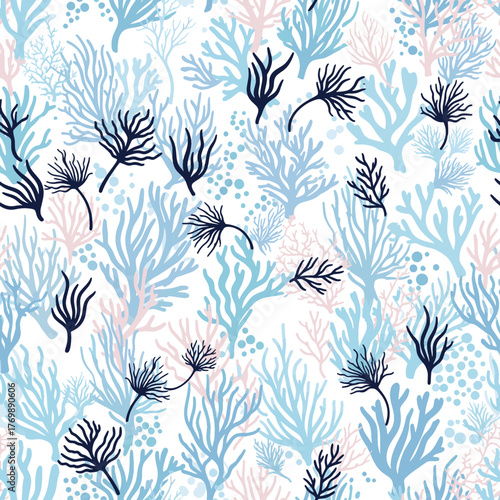 Decorative seamless pattern featuring stylized coral reefs and various marine flora in soft blue, pink, and navy tones