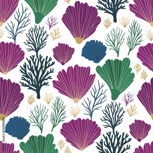 Vibrant Underwater Flora Seamless Pattern Stylized Corals and Aquatic Plants in a Repeating Marine Design, Ideal for Art