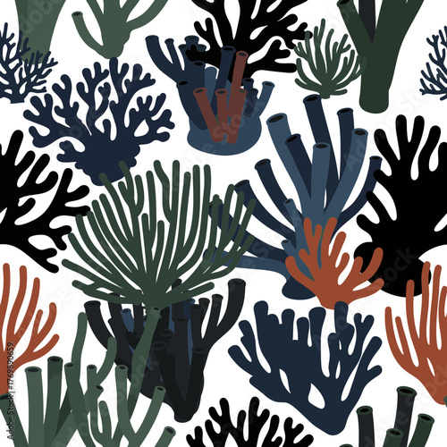 Abstract colorful ocean corals and sea sponges in a vibrant seamless pattern perfect for textile design and digital art