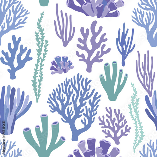 Vibrant Underwater World Seamless Pattern Stylized Corals and Seaweed on White Background, Perfect for Ocean-Themed Designs and Textiles