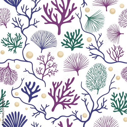 Vibrant marine life seamless pattern with abstract coral reefs and pearls, ideal for decorative aquatic themes