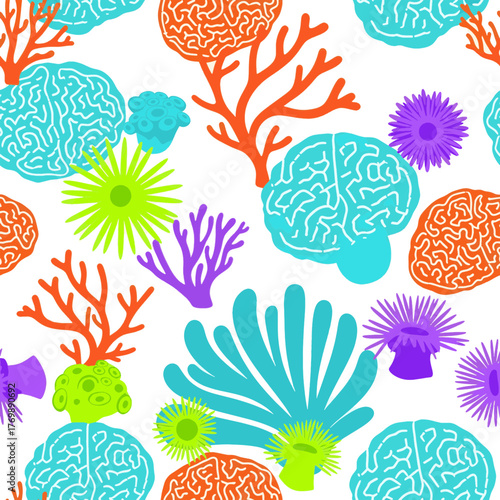 Vibrant Underwater Coral Reef Seamless Pattern with Colorful Marine Life and Anemones Vector Illustration