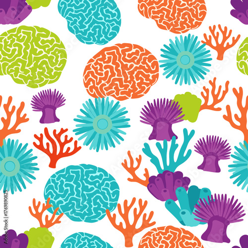 Vibrant underwater ecosystem elements, including colorful corals and sea anemones, compose a lively seamless pattern ideal for modern design projects