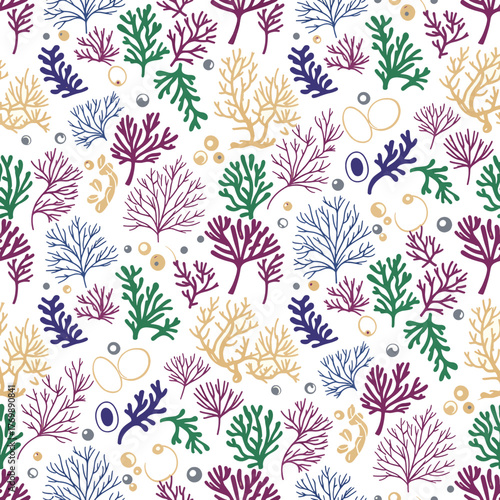 Vibrant Underwater Coral and Seaweed Garden Seamless Pattern with Marine Elements for Textile Design