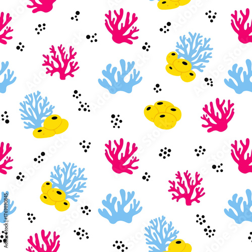 Vibrant Underwater Ocean Coral Reef Life Seamless Pattern with Colorful Marine Flora and Fauna Elements on White Background for Design Projects