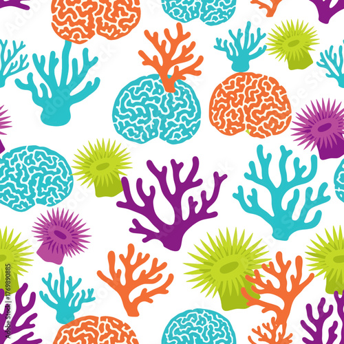 Vibrant underwater life seamless pattern featuring colorful coral reefs and ocean anemones, ideal for aquatic designs