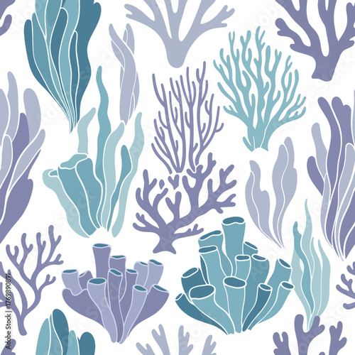 Graceful Underwater Seamless Pattern Featuring Stylized Coral Reefs, Aquatic Plants, and Ocean Flora Elements