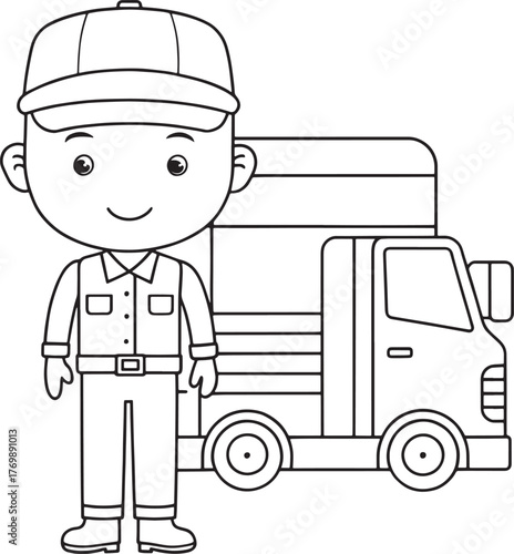 Friendly delivery driver and truck coloring page for kids fun learning activities