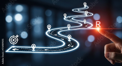 Digital roadmap with glowing lines and location pins showing a journey towards a target isolated on white background