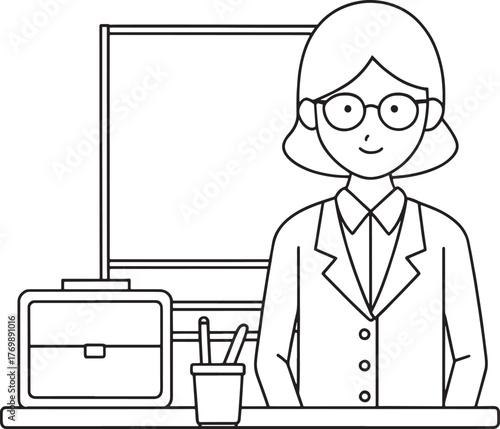 Cartoon teacher with briefcase and whiteboard in classroom ready for lesson