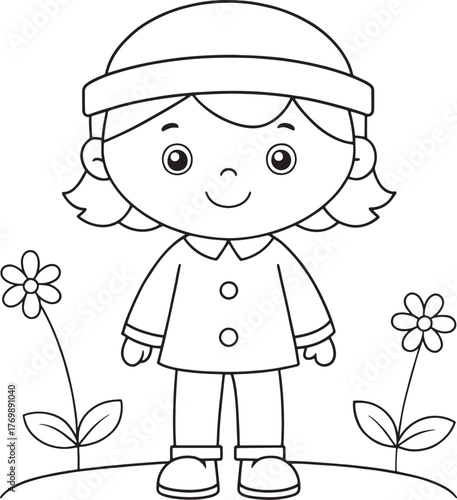 Cute cartoon child standing between two blooming flowers outline drawing for coloring pages