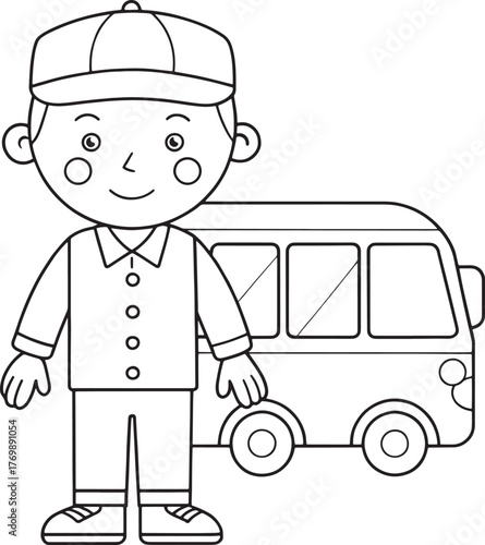 Friendly bus driver character with van ready for a fun journey coloring page for kids