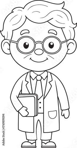 Friendly cartoon scientist character holding a book wearing glasses and lab coat for educational content