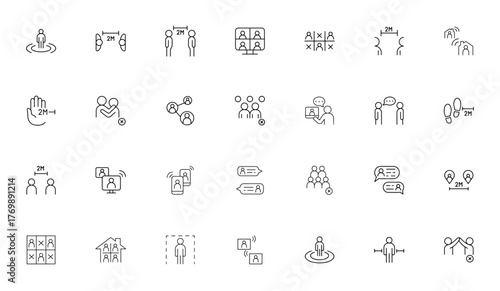 Social distancing icon set. Vector illustration. Incudes work from home, videocall, online communication no crowd, stay home and mre. Editable stroke.