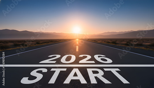 New year 2026 or start straight concept. word 2026 written on the road in the middle of asphalt road at sunset. Concept of planning and challenge, business strategy, opportunity and new life change