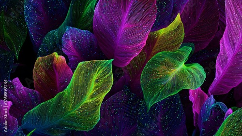 Fluorescent colors with tropical leaves. Flat neon colors.