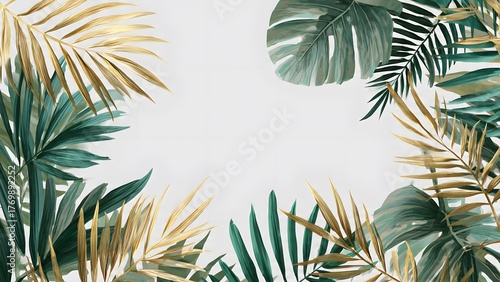 Gold and green tropical palm leaves. Minimalist abstract summer jungle or forest pattern.