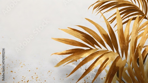 Gold and green tropical palm leaves. Minimalist abstract summer jungle or forest pattern.