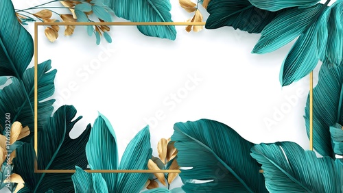 Gold and green tropical palm leaves. Minimalist abstract summer jungle or forest pattern. White paper frame with copy space.