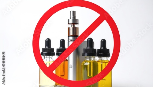 Red no symbol over e-cigarette and e-liquid bottles, representing vaping ban and health concerns.