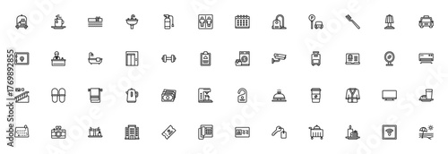 Hotel Services icon set. Vector illustration featurig bellboy, swimming pool, ifi, elevator, gym, spa, rceptionist, breakfast, lugage, parking and more. Ediable stroke.