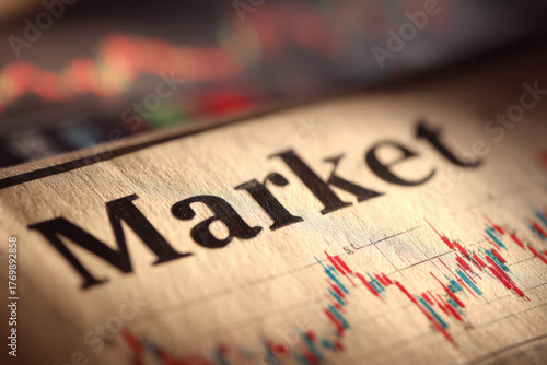 Close-up of the word “Market” on financial newspaper with stock chart, representing global trade, economy trends, and investment analysis.