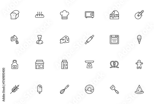 Bakery icon set. Vector illustration. Includes symbos for bread, cake, oven, cef, donut, pizza, ice crea, whisk, spatula and more.Editable stroke.