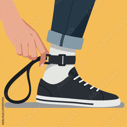 Close-up of a person's leg in jeans and sneakers, tying a surf leash to their ankle, preparing for a surfing session in a bright studio.