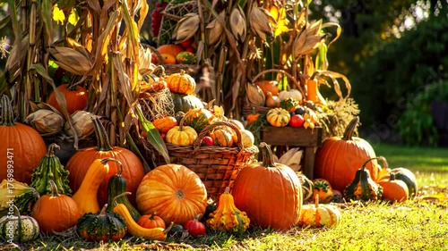 Beautiful autumn harvest display featuring various pumpkins, gourds, and corn stalks in warm sunlight.