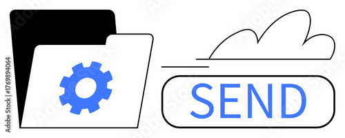 Folder with a settings gear representing configuration and file management placed next to a send button with cloud graphic implying data transfer. Ideal for storage, organization, sharing, upload